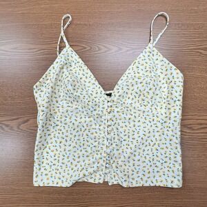 Forever 21 Yellow Floral Button Front Crop Cami Top Sz M Cottagecore Festival